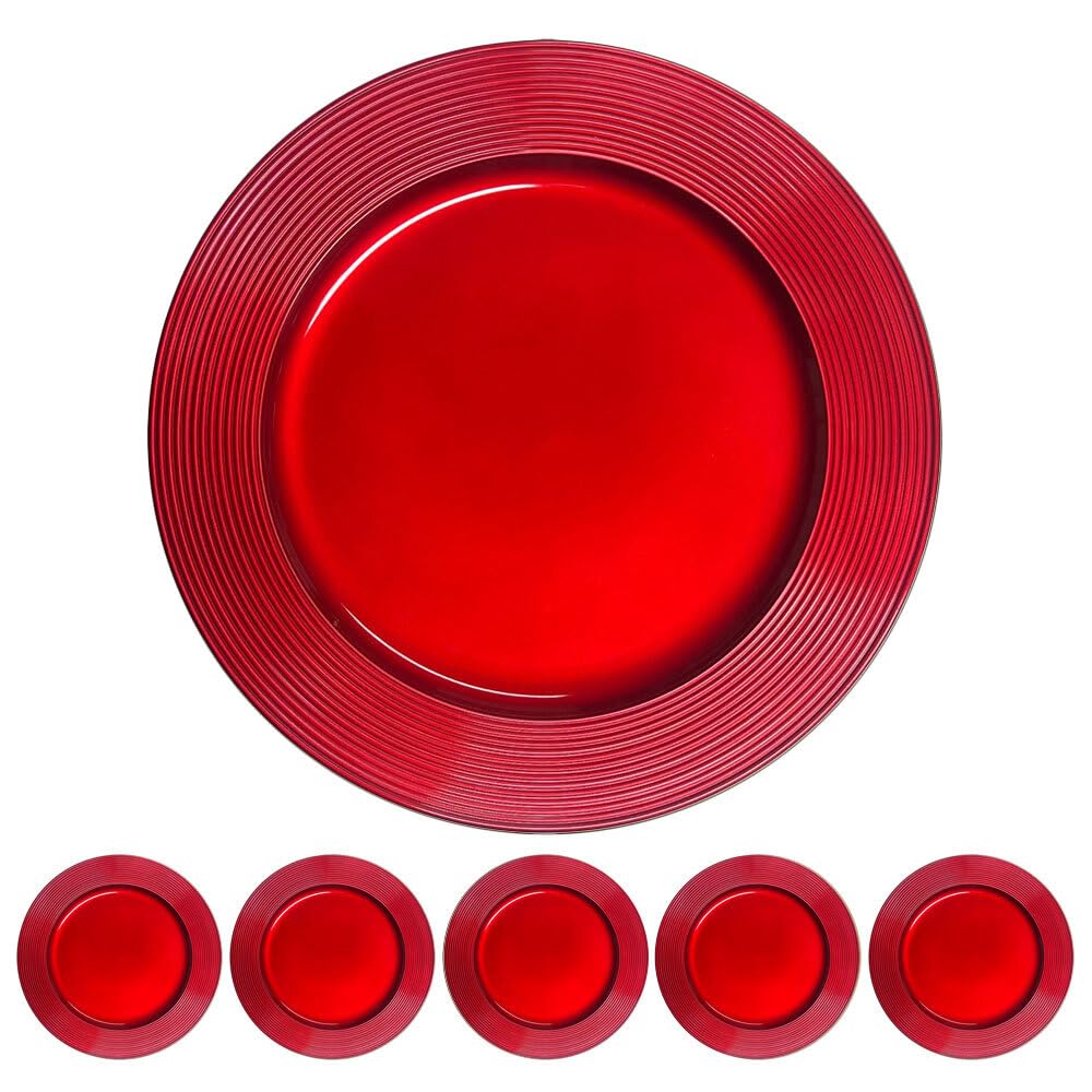 Murago - 6er Set Platzteller ca. 33cm Kunststoff rot - glänzende Unterteller für Teller Dekoteller Kerzenteller Dekoration für Hochzeit Weihnachten Tischdeko