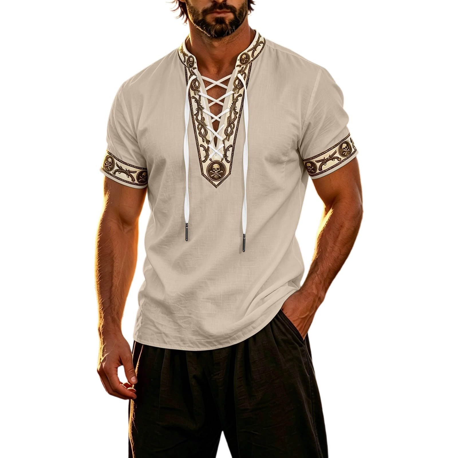 Summer Shirts for Men Short Sleeve Medieval Pirate Scottish Ghillie Shirt — image 1