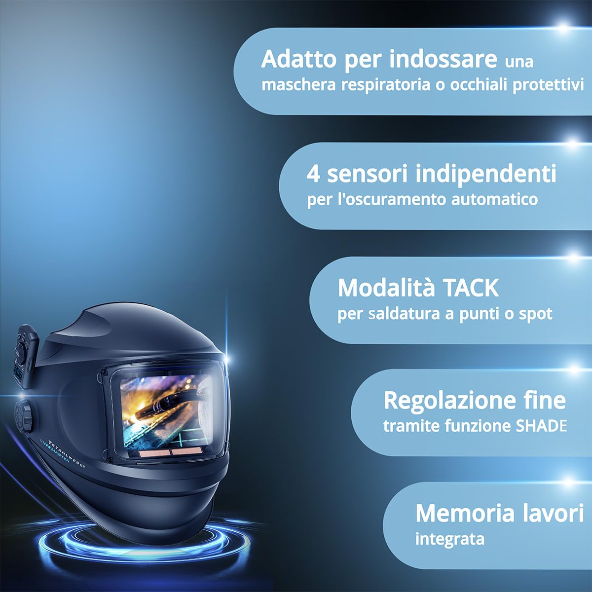 STAHLWERK Casco per saldatura automatico 3 in 1 Master Air, casco per saldatura con aria fresca, controllo di funzionamento tramite Bluetooth, riproduzione dei colori True-Colour, oscuramento da DIN 4