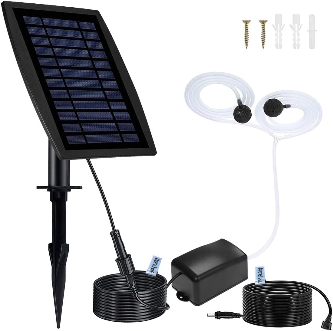 Solar Air Pump for Fish Pond, 10 + 10 ft Extension Cable, 20 Hours Output,3 Modes, Hoses and Bubble Stone, Solar Powered Oxygenator Aerator Bubbler for Small koi Pond