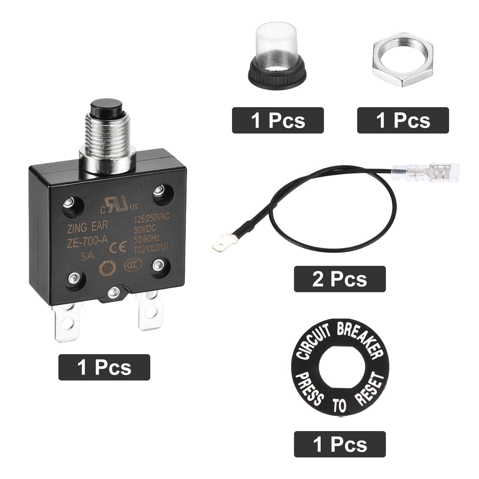 DMiotech 5A Thermal Circuit Breaker 125/250V AC 50V DC 2.3x1.4x0.6" Manual Reset Overload Protector with Quick Connect Terminal and Waterproof Cap for Overload Protection - Image 3