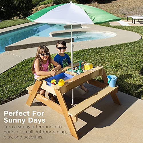 Best Choice Products Kids 3-In-1 Sand & Water Activity Table, Wood Outdoor Convertible Picnic Table W/Umbrella, 2 Play Boxes, Removable Top - Green #TOP2