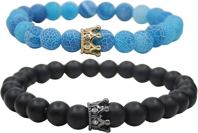 UEUC Distance Couple Bracelets with CZ King&Queen Crown His&Hers Black Matte Agate 8mm Beads Bracele