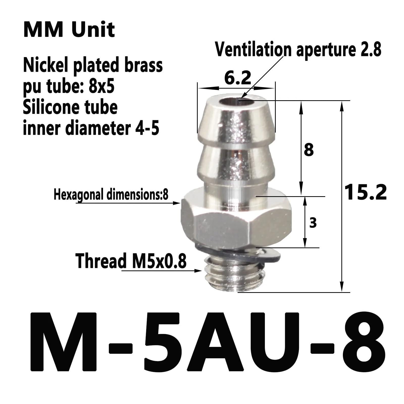 10 Stück 2 mm, 3 mm, 4 mm, 6 mm, 8 mm Außendurchmesser Luft- und Pneumatikschläuche auf M3-, M4-, M5- und M6-Außengewinde-Schlauchverschraubungen (Pagodenkupplung), kupfervernickelt(M-5AU-8)