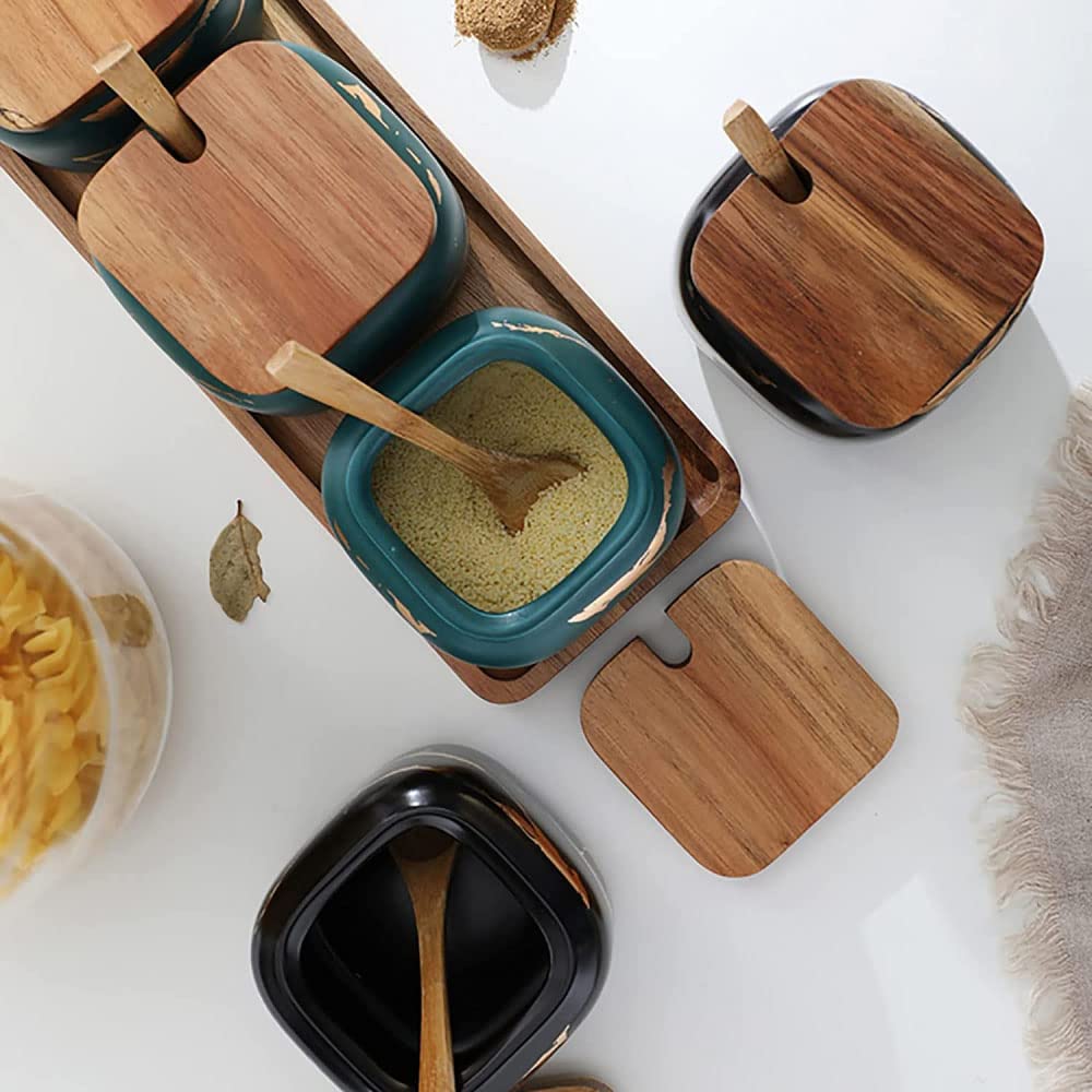 LPY Lot de 3 Pots à épices en céramique, Pot à épices de Cuisine en marbre Mat, Pot en céramique avec Couvercle, cuillère et Plateau, Parfait pour la Cuisine-White
