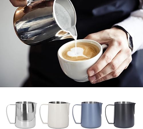 Miniatura 5 de Jarra de espuma de leche, 15 onzas, de acero inoxidable, pequeña jarra de espuma de leche, punta gruesa, boca espumadora de leche (plateada)