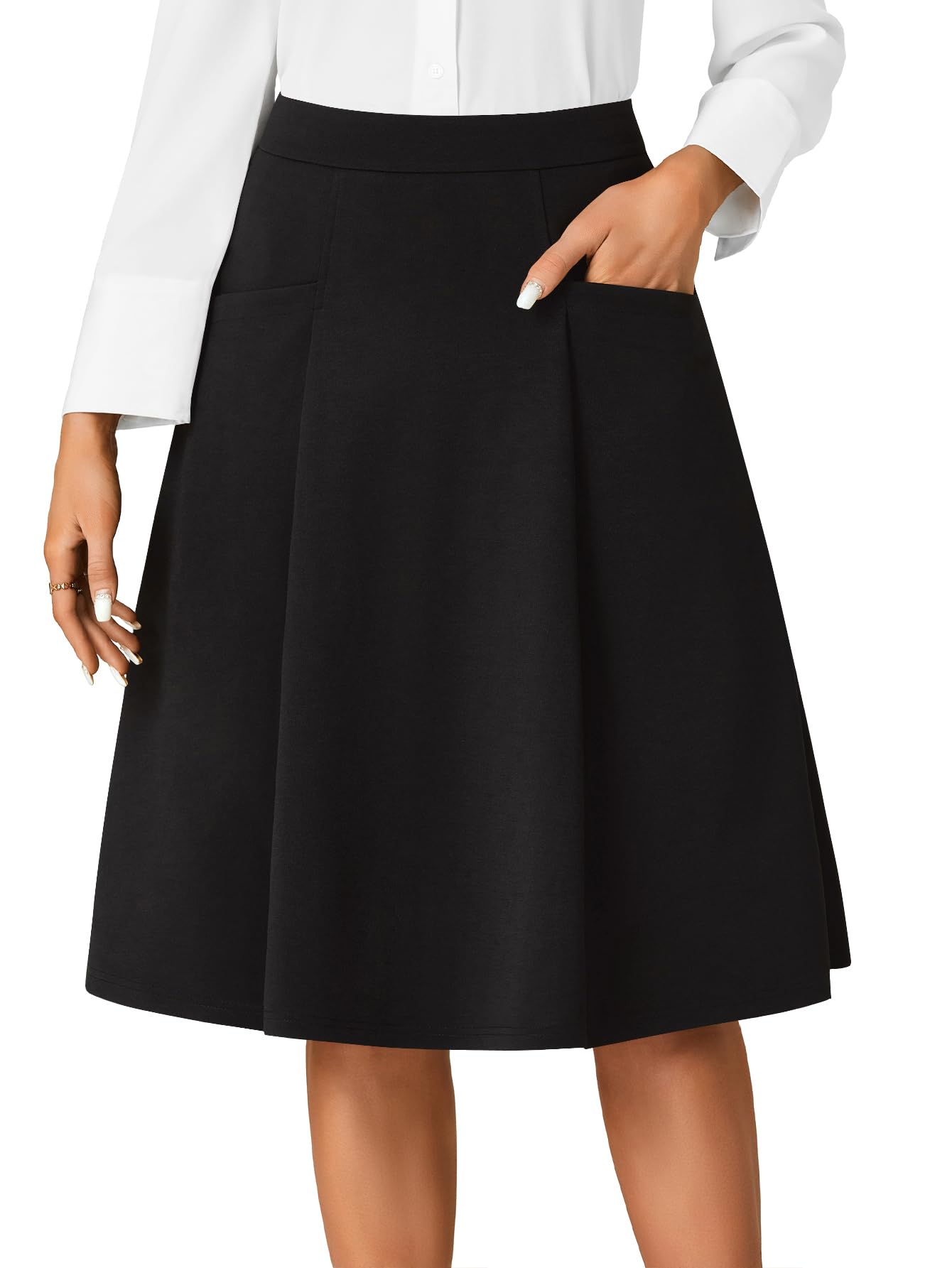 Rooscier Womens High Waist Pleated Flared A Line Elegant Midi Skirt with Pockets