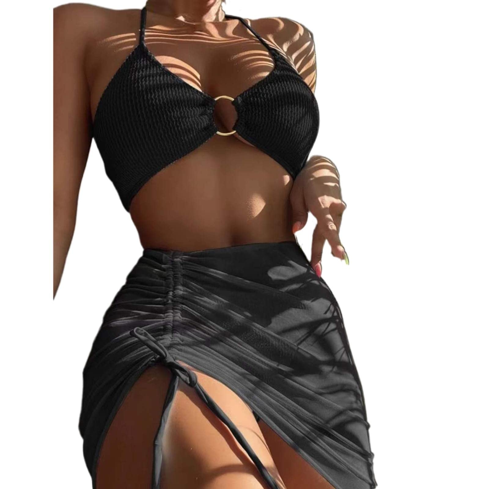 Damskie 3-częściowe stroje kąpielowe wiązane na szyi bikini z zakrytą spódnicą, czerwony, S