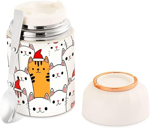 Cute Cats Christmas Food Jar with Spoon Stainless Steel Vacuum Insulated Food Container 17 oz Soup Thermos for Hot Food