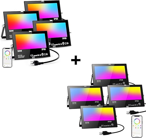 Paquete de 4 luces de inundación RGB de 80 W para exteriores y paquete de 4 luces de inundación que cambian de color de 50 W para exteriores