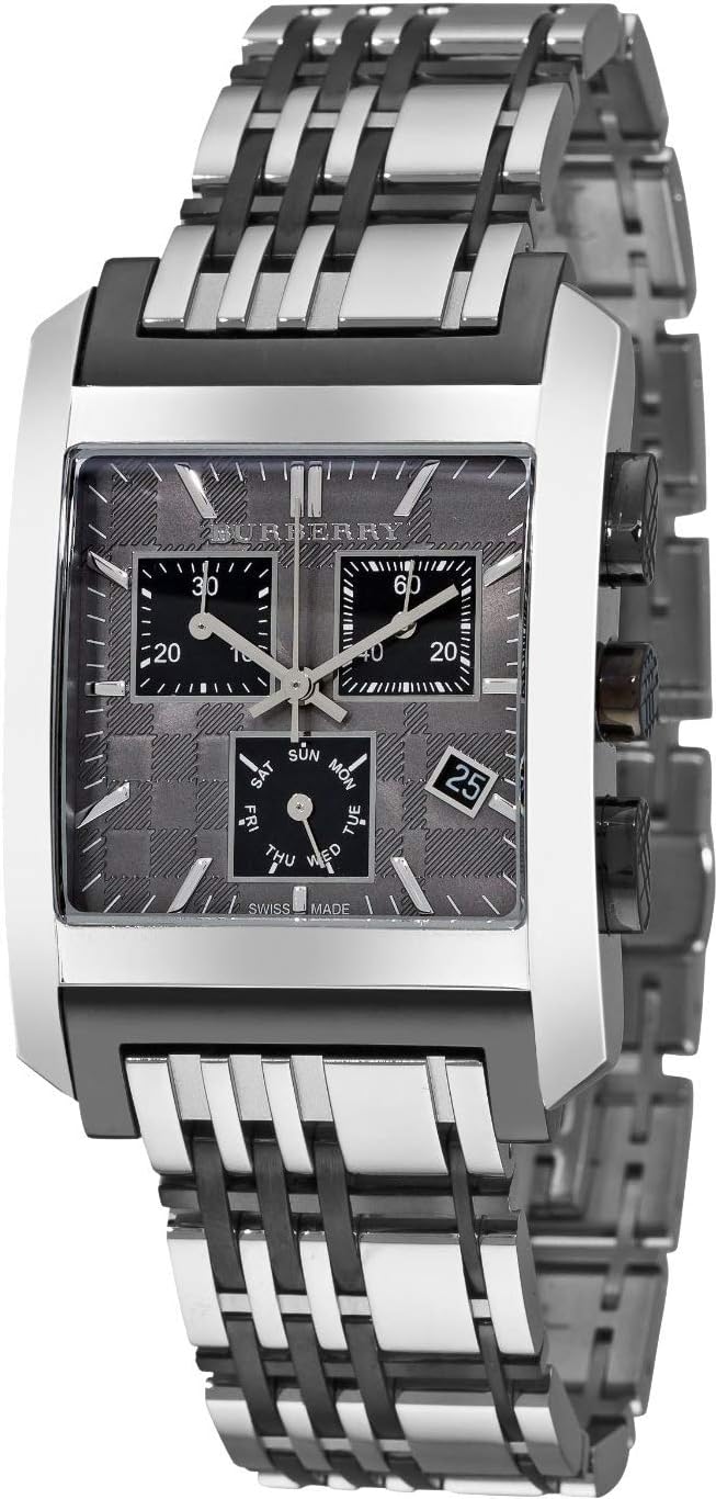 BURBERRY Heritage Luxury Mens Unisex Square Stainless Steel Chronograph Watch Engraved Grey Date Dial BU1561