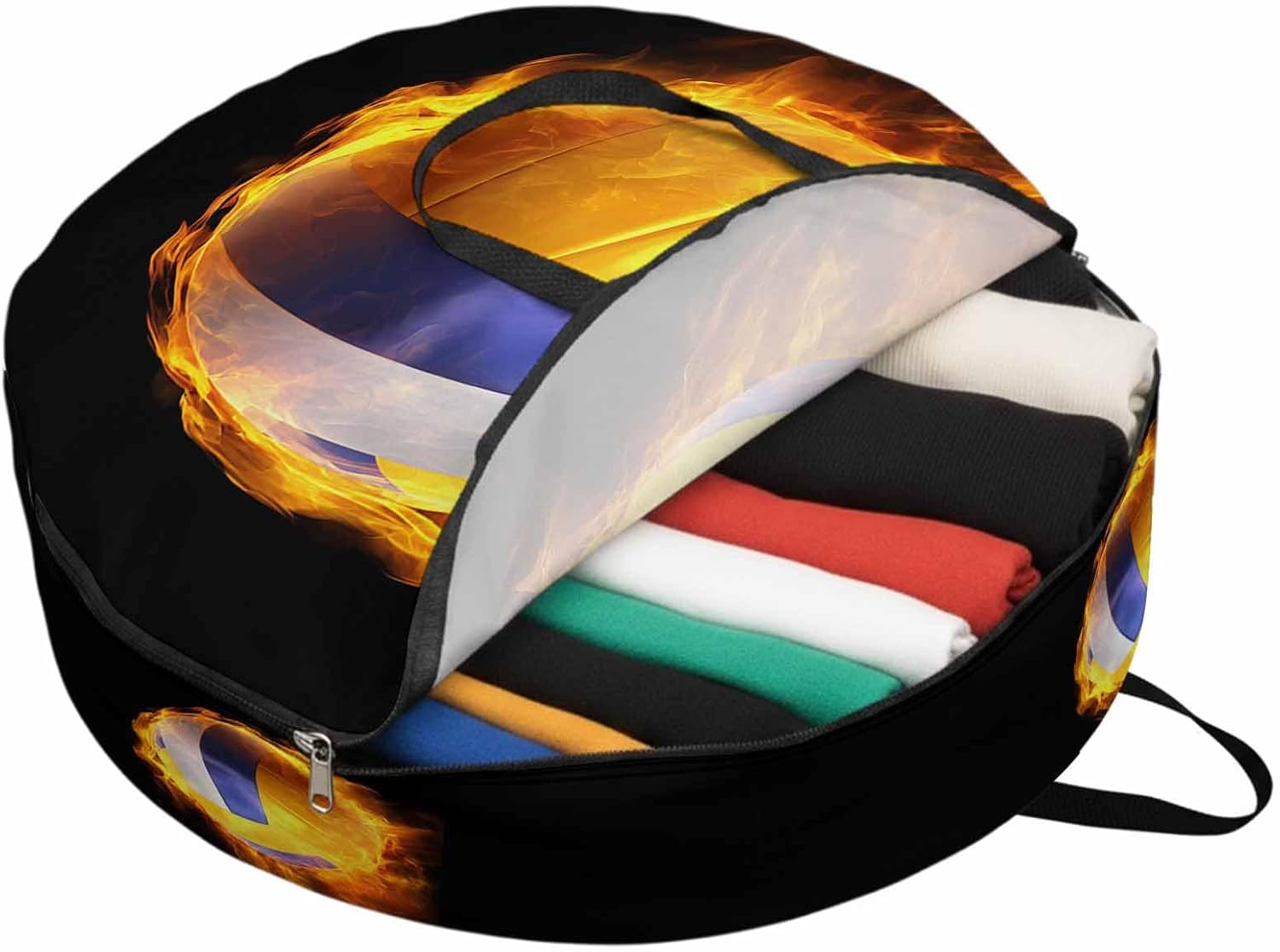 Storage Bag Flame Volleyball Round Storage Totes Bins Closet Organizers with Zippers & Handle Sports Black Clothes Storage Container for Bedroom Dorm Space Saving Packing Supplies Moving Bags