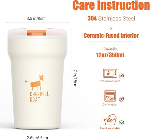 Miniatura 3 de CHEERFUL GOAT Taza de viaje de café con forro de cerámica, vaso de café de viaje de acero inoxidable con forro de cerámica, con tapa, taza de café