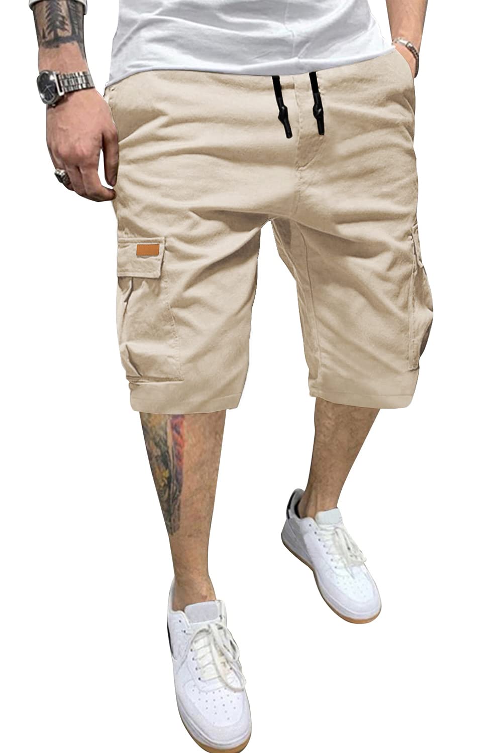 JMIERR Mens Casual Cotton Twill Cargo Shorts Drawstring Classic Chino Stretch Short with 6 Pockets