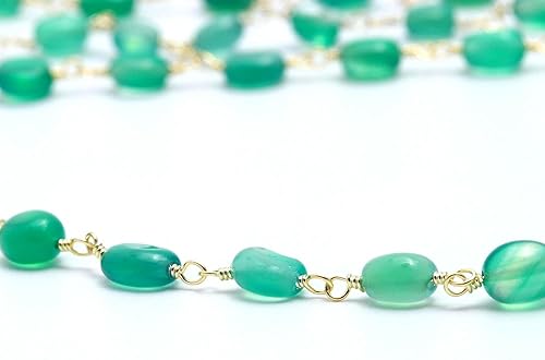 Miniatura 3 de RARE GEMSTONE Cadena de rosario de piedra preciosa de ónix verde natural, chapada en oro de 24 quilates, tamaño de la cadena de cuentas de 4 x 5 a