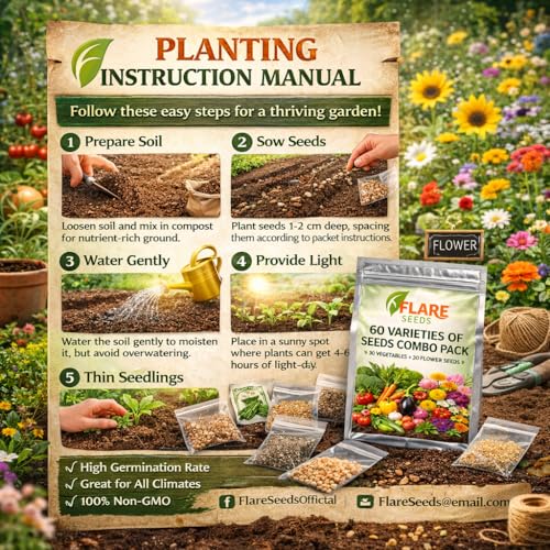 Image of 60 Varieties Seeds Combo Pack, 30 Vegetable and 30 Flower Seeds, High Germination Rate, All Seasons