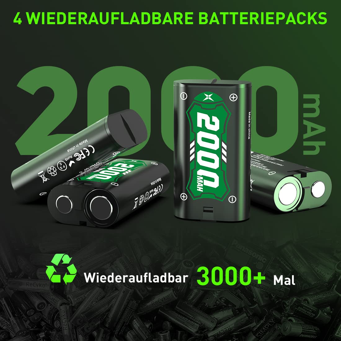 Lot de 4 batteries rechargeables 2000 mAh avec chargeur pour Xbox One S/Xbox One X/Xbox One Elite sans fil, protection intelligente durable