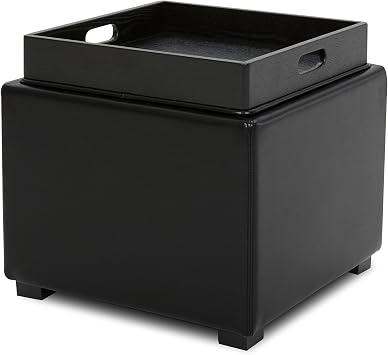 CHITA Storage Ottoman Cube with Tray Lid, Small Footstool with Storage, Square End Table for Living Room and Bedroom, Faux Leather in Black