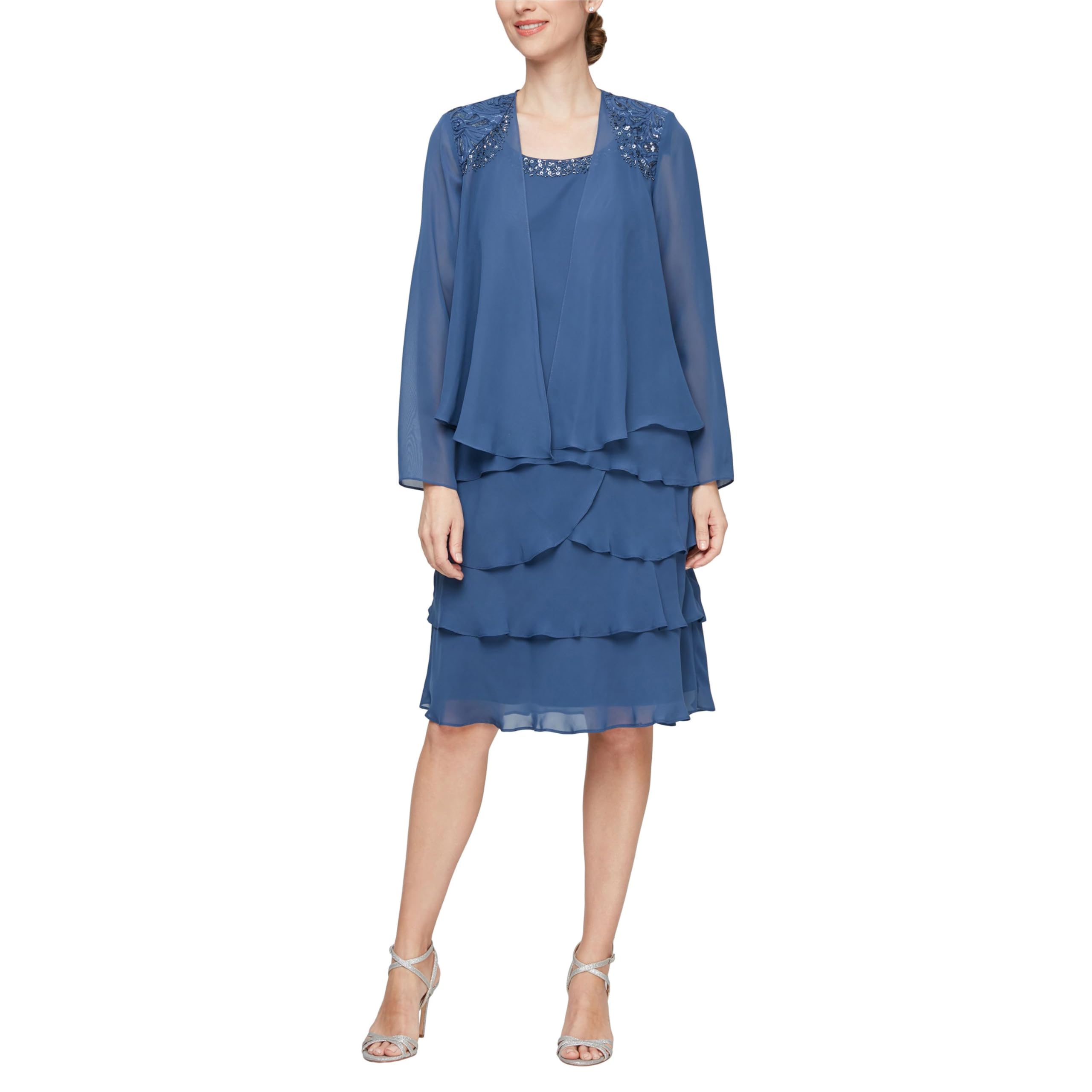 S.l. Fashions Women's Wedgewood Lace Mother Of The Bride Tiered Jacket Dress With Shoulder Embellishment, (Petite And Regular Sizes) Special Occasion, 20