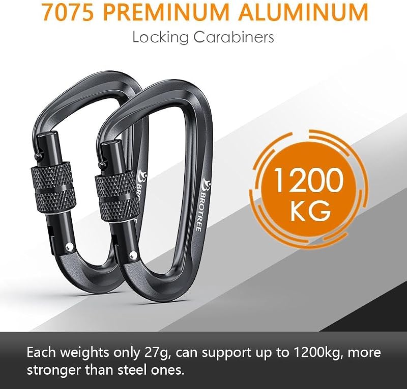 Brotree 1200 kg Teherbírású Alumínium Karabiner, Csavaros Zárszerkezettel - Könnyű, Rozsdamentes D-Alakú Horog Függőágyhoz, Kempingezéshez,