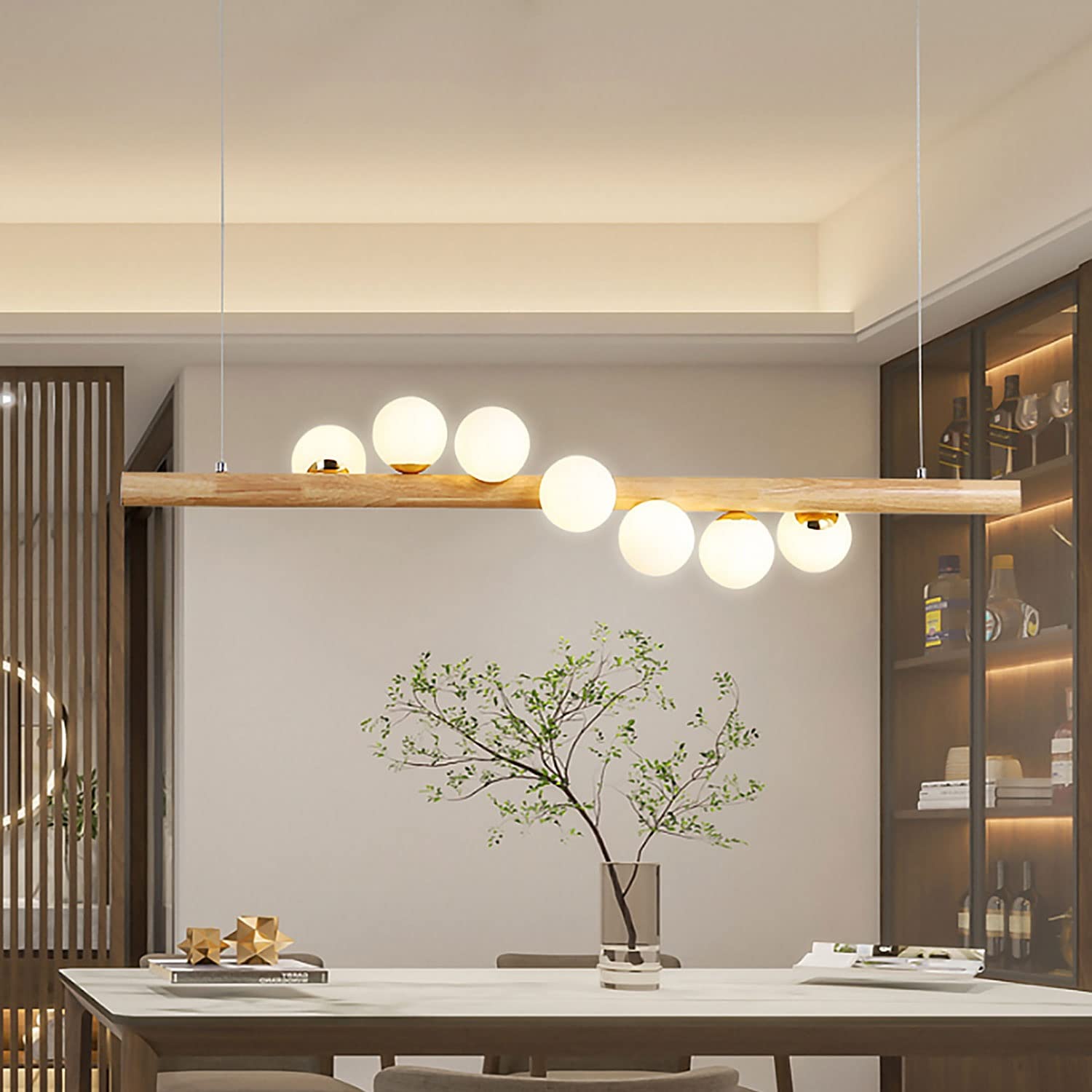 AIAO LED Chandelier Dining Table Chandelier Wooden Chandelier Modern Simple 7 Flame Dining Room Chandelier Living Room Office Kitchen Lamp 120cm G7 Bulb, Glass Lampshade
