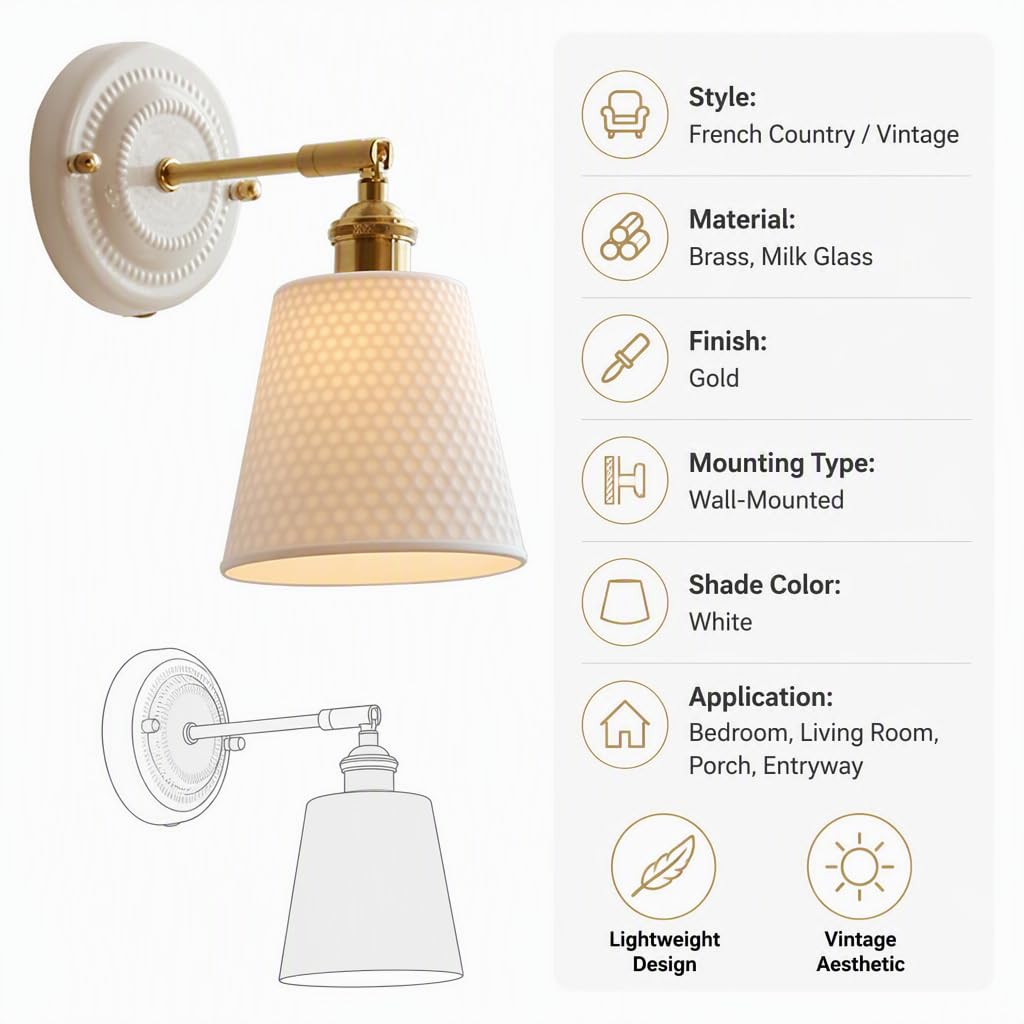 Applique da Parete in Stile Francese Vintage in Ottone con Paralume in Vetro opalino Bianco a Coste, Lampada Dorata per Camera da Letto, cameretta dei Bambini, Soggiorno, Veranda e Ingresso.