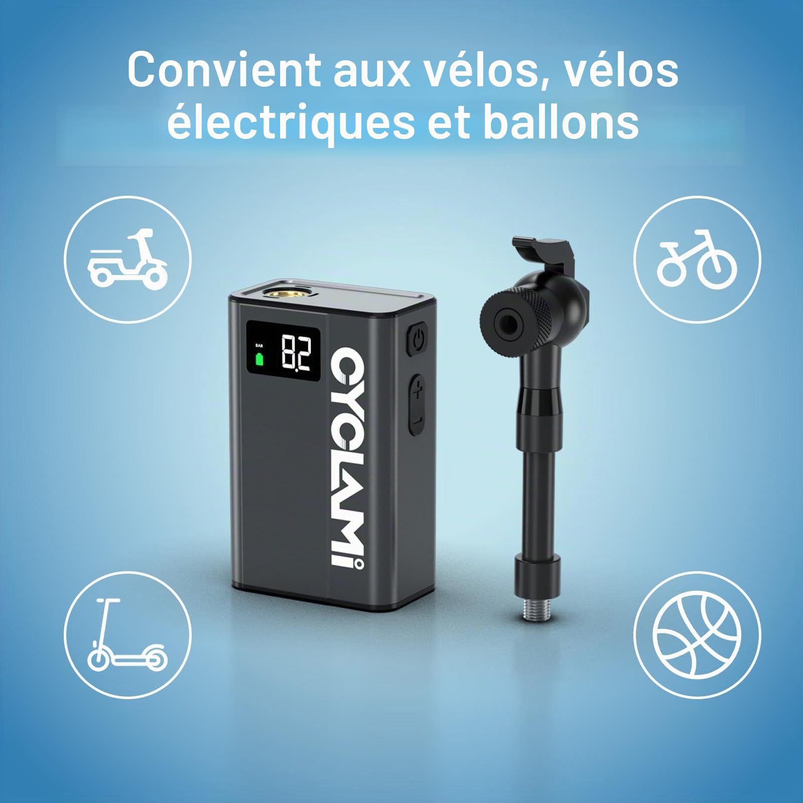 Pompe a Velo Electrique Mini Pompe Portable avec Manomètre Numérique Max 120 PSI arrêt Automatique Compatible Valve Schrader et Presta pour Vélos de Route VTT Ville et Électriques