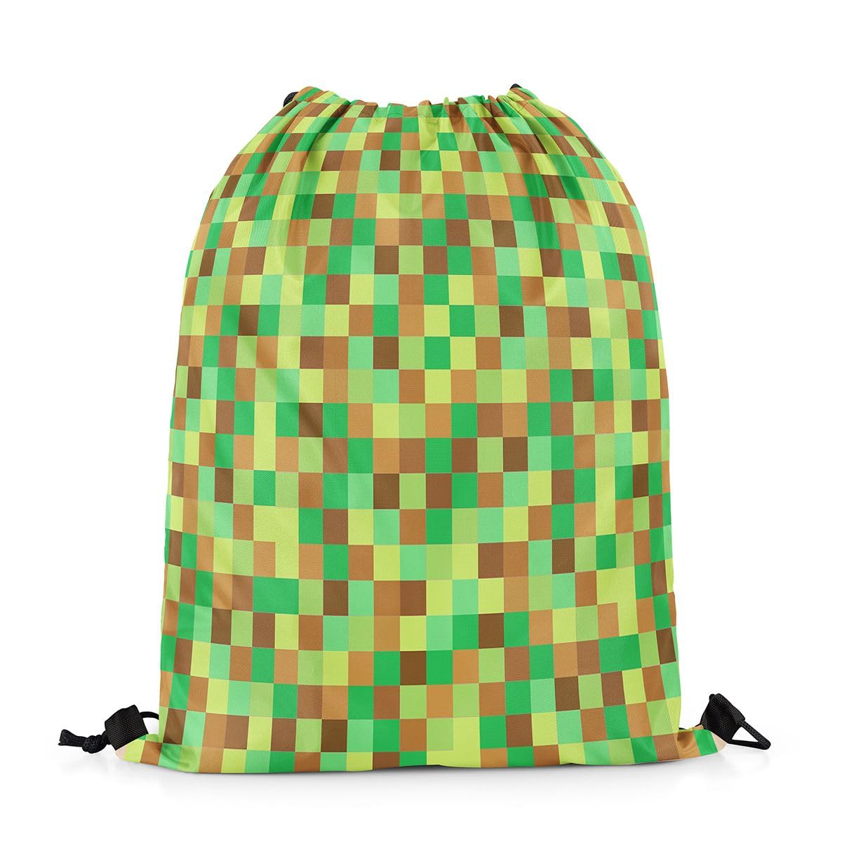 Castle Fairy Pixelated Grid Drawstring Backpack 13"X24",Geometric Camo Blocks Water Resistant Beach Bag,Miners Gamepad Games String Bag for Shopping Yoga,Green Brown Sackpack for Gym Sports