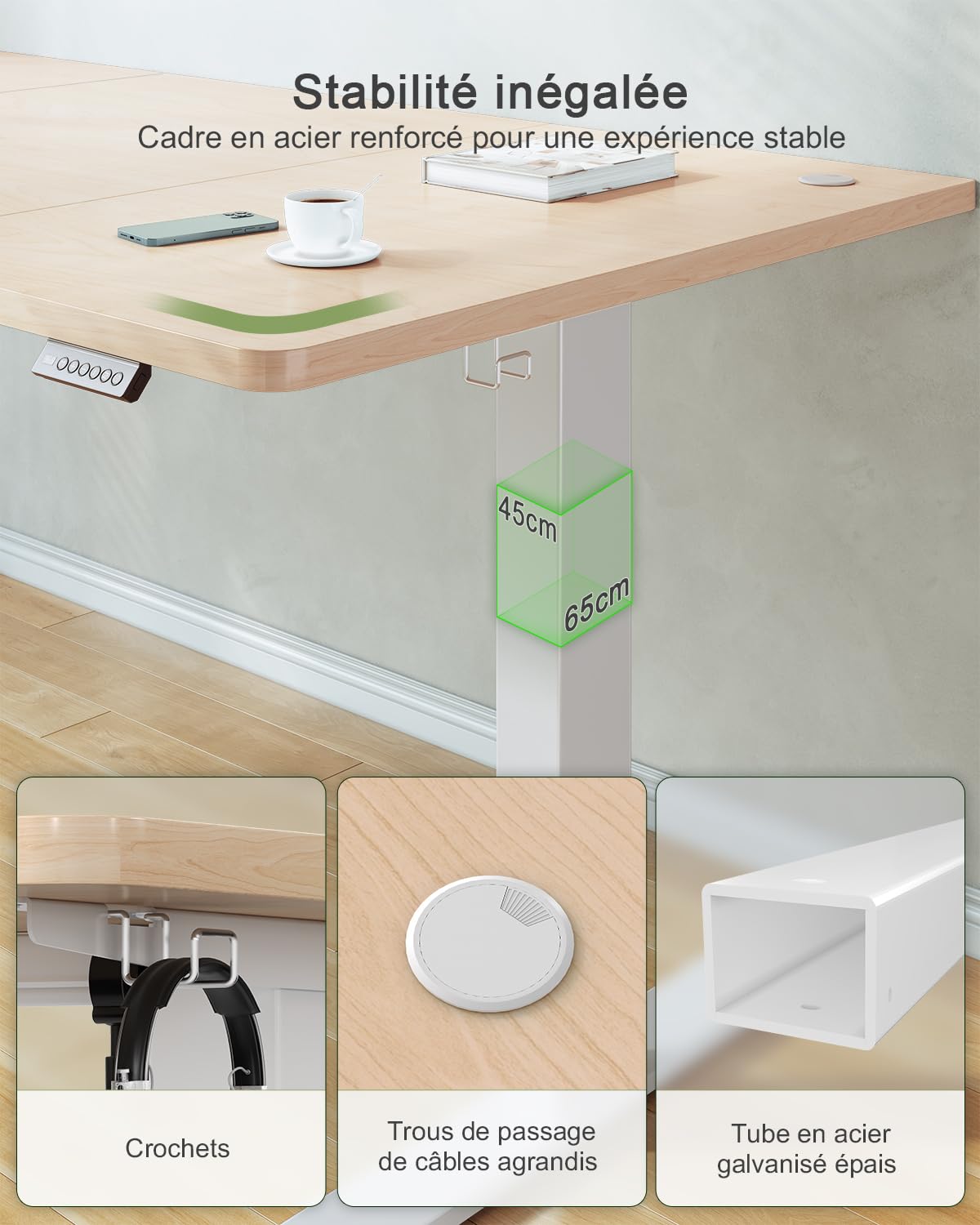 JUMMICO Bureau Assis Debout Électrique avec USB, 160 x 70 cm, Bureau Ordinateur Réglable en Hauteur avec Mémoire, Standing Desk Ergonomique pour Bureau et Télétravail, Beige
