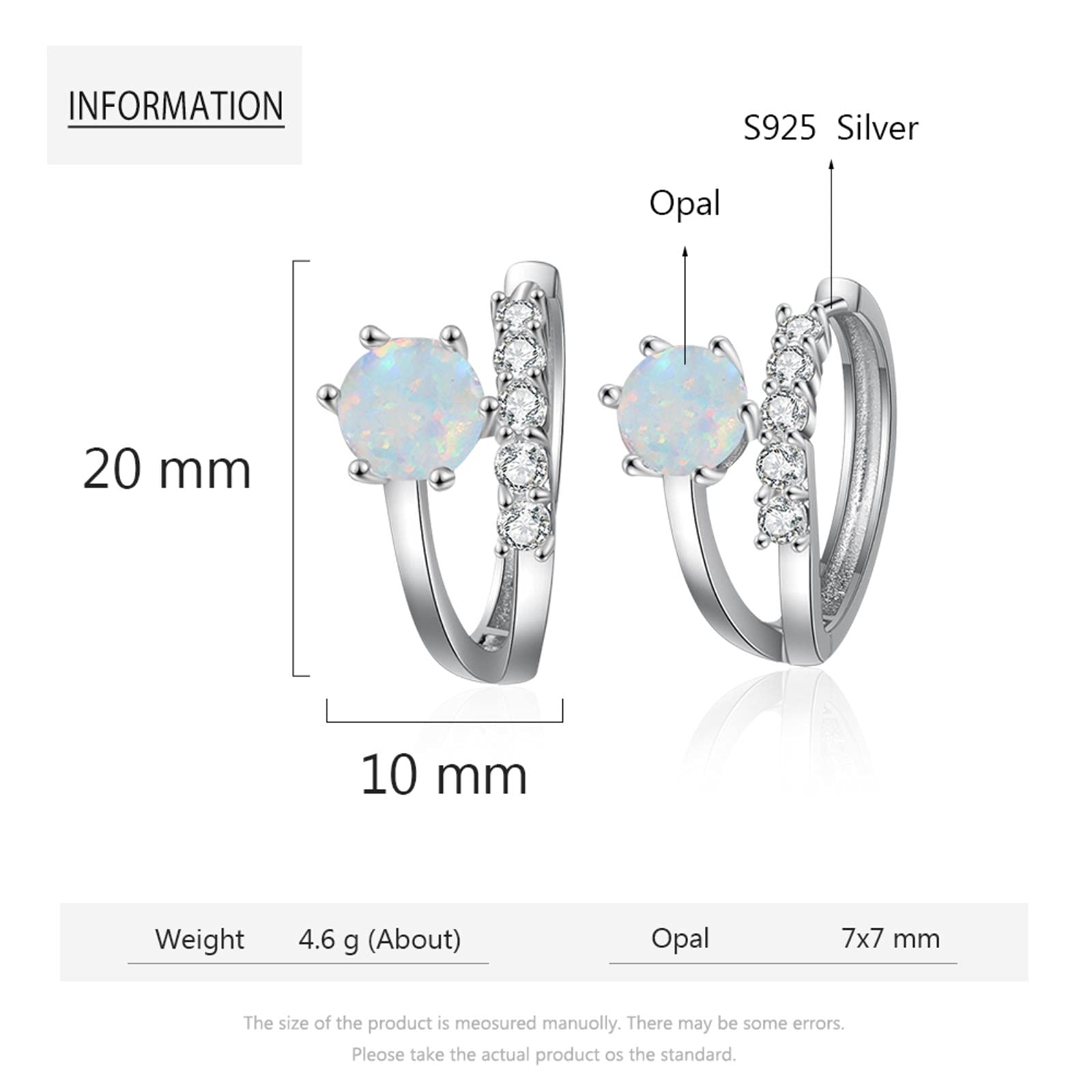 SALAN Pendientes De Aro De Plata De Ley 925 para Mujer Pendientes De Piedra De Ópalo De Fuego Blanco Pendientes De Círculo Cz Transparente Joyería Fina