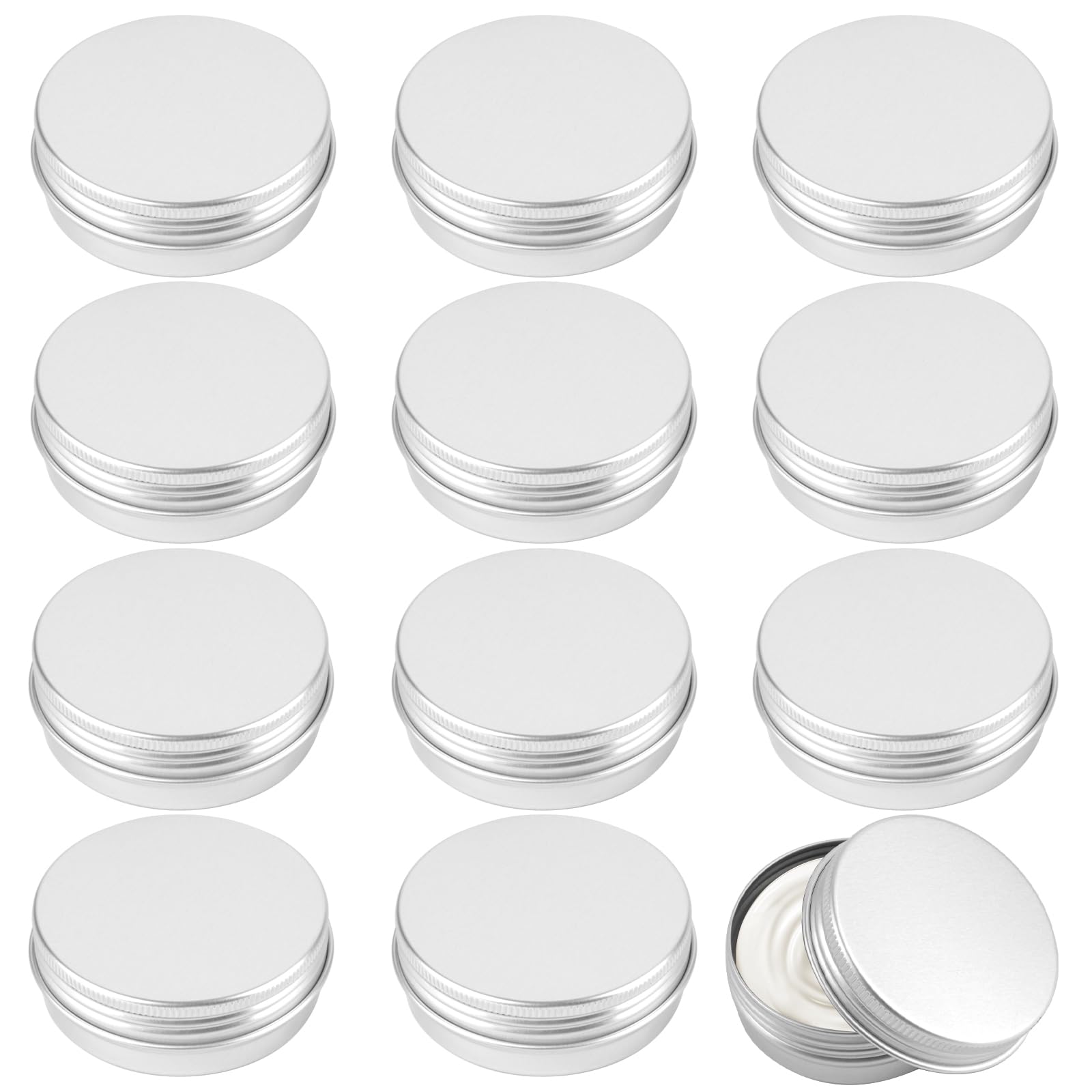 Tins 12 Pack, 2 Ounce Salve Tins with Lids, Small Metal Aluminum Tin Jar Refillable Containers, Round Tin Travel Cosmetic Containers with Screw Lids, Tin Can for Salve, Balm, Lip Balm, Cream Silver 2 Ounce 12