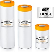 Fosdaling 60m Abdeckfolie mit Klebeband 3er-Set, Malerfolie Abdeckfolie, Goldband Klebeband Malerkrepp mit Folie, Innenraum Abklebeband Maler Folie (55cm, 150cm, 270cm)