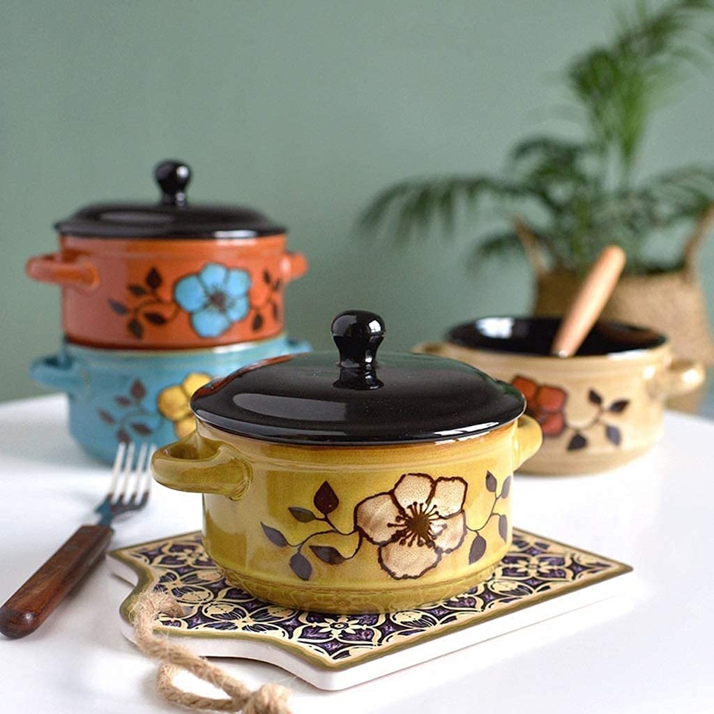 ERoomQ Pasta Bowls Bowls Bowl Creative Personality Small Bowl with Lid Rice Dessert Bowl Retro Binaural Ceramic Soup Bowl Hand-Painted Tableware Salad Bowls,