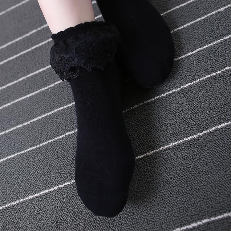 Image of Women Double Layer Ruffle Socks with Lace Trim - Princess Dress Socks, 3 Pairs