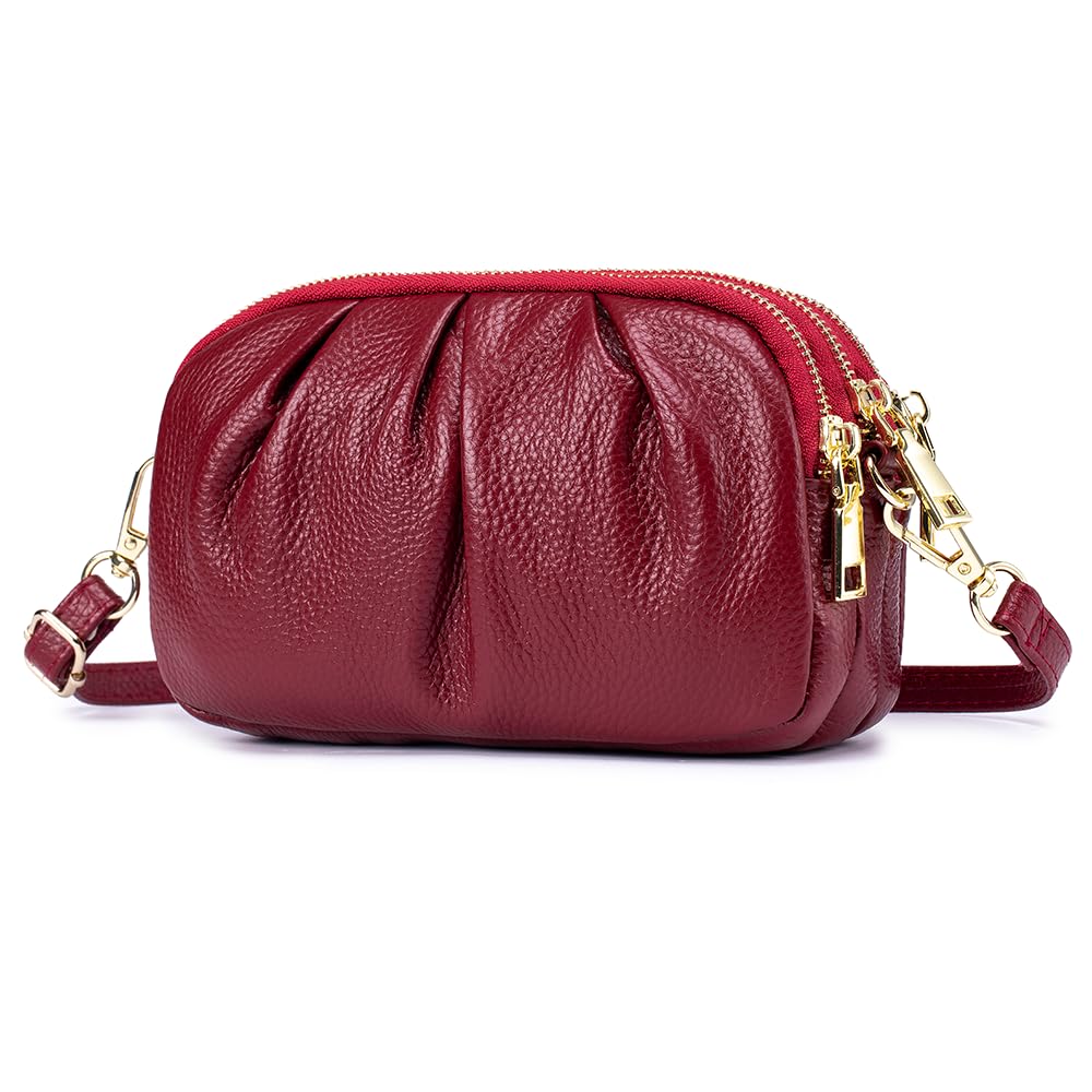 HISKFUN Small Crossbody Bag for Women Trendy?Genuine Leather Crossbody Cell Phone Purse with Triple Compartments.(Wine)