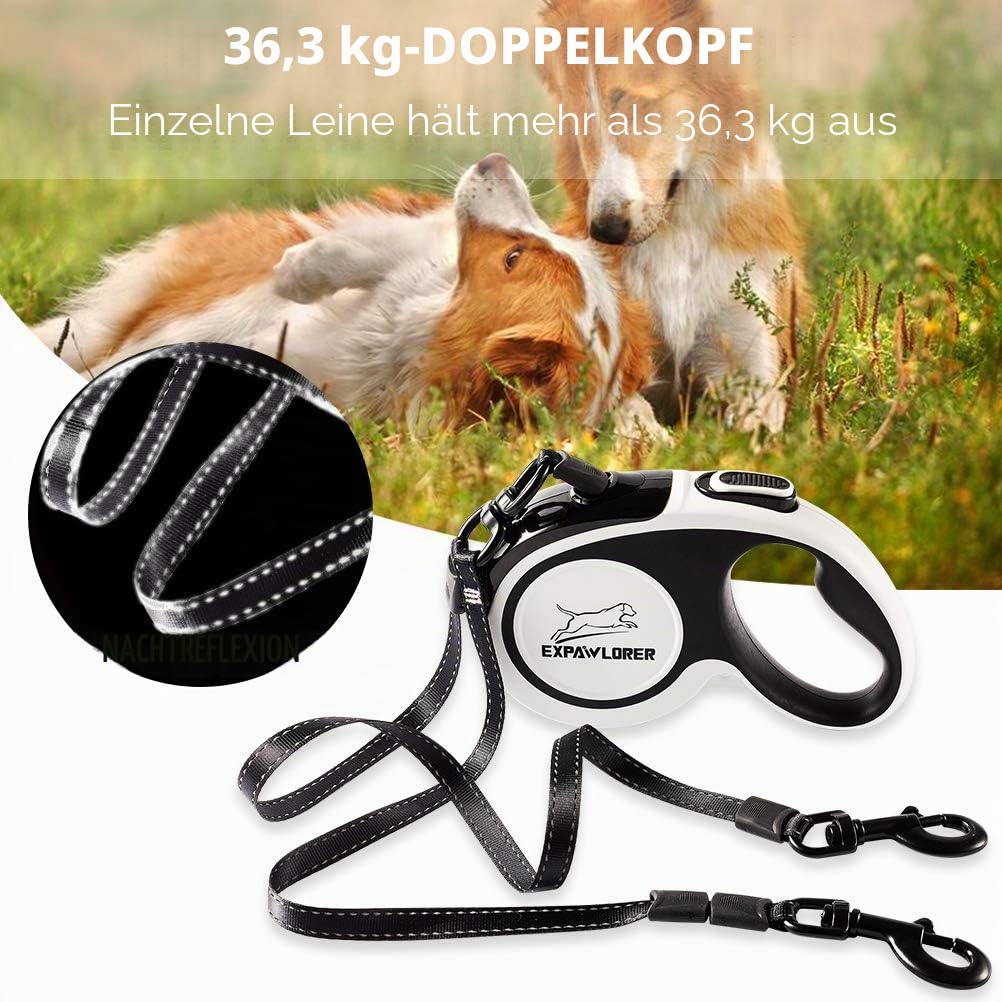 EXPAWLORER Doppelte, einziehbare Hundeleine – Doppelkopf abschließbar, bis zu 72.6 kg insgesamt, 36.3 kg
