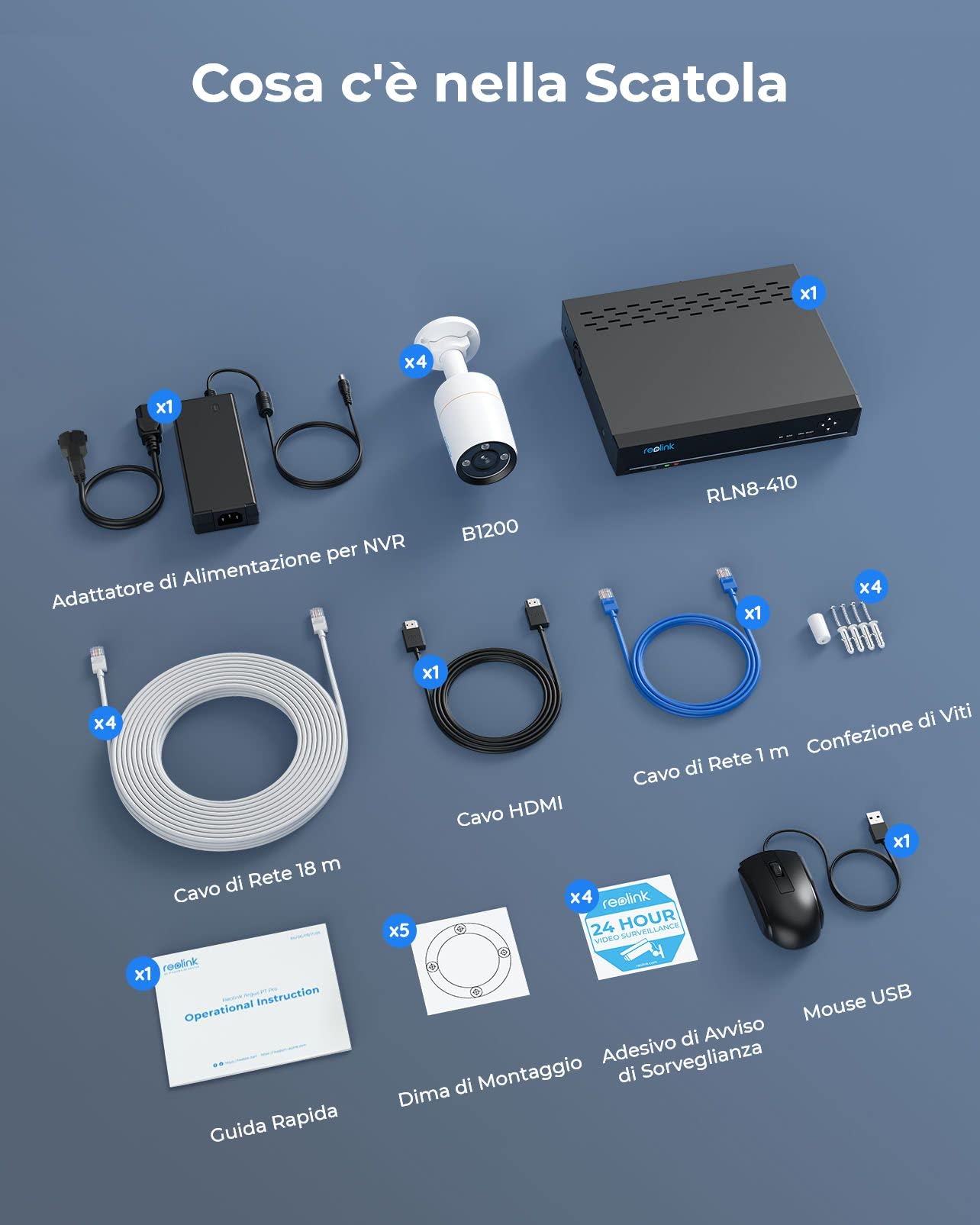 Reolink 12MP Kit Videosorveglianza PoE, NVR 8CH 2TB e 4X Telecamera Esterno Interno con Faretto, Rilevamento di Persona/Veicolo/Pet, Audio Bidirezionale, Sistema Espandibile a 16TB, RLK8-1200B4-A