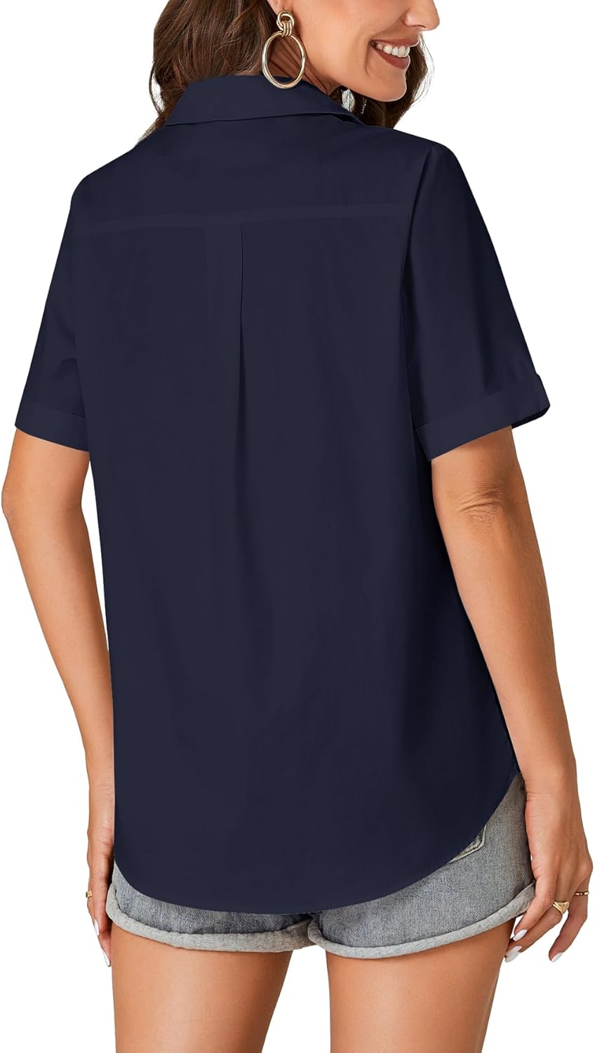 KIFOVEN Women’s Short Sleeve Button Down Shirt Collared Cotton Casual Summer Blouse Top with Pocket Navy Blue Large - Image 5