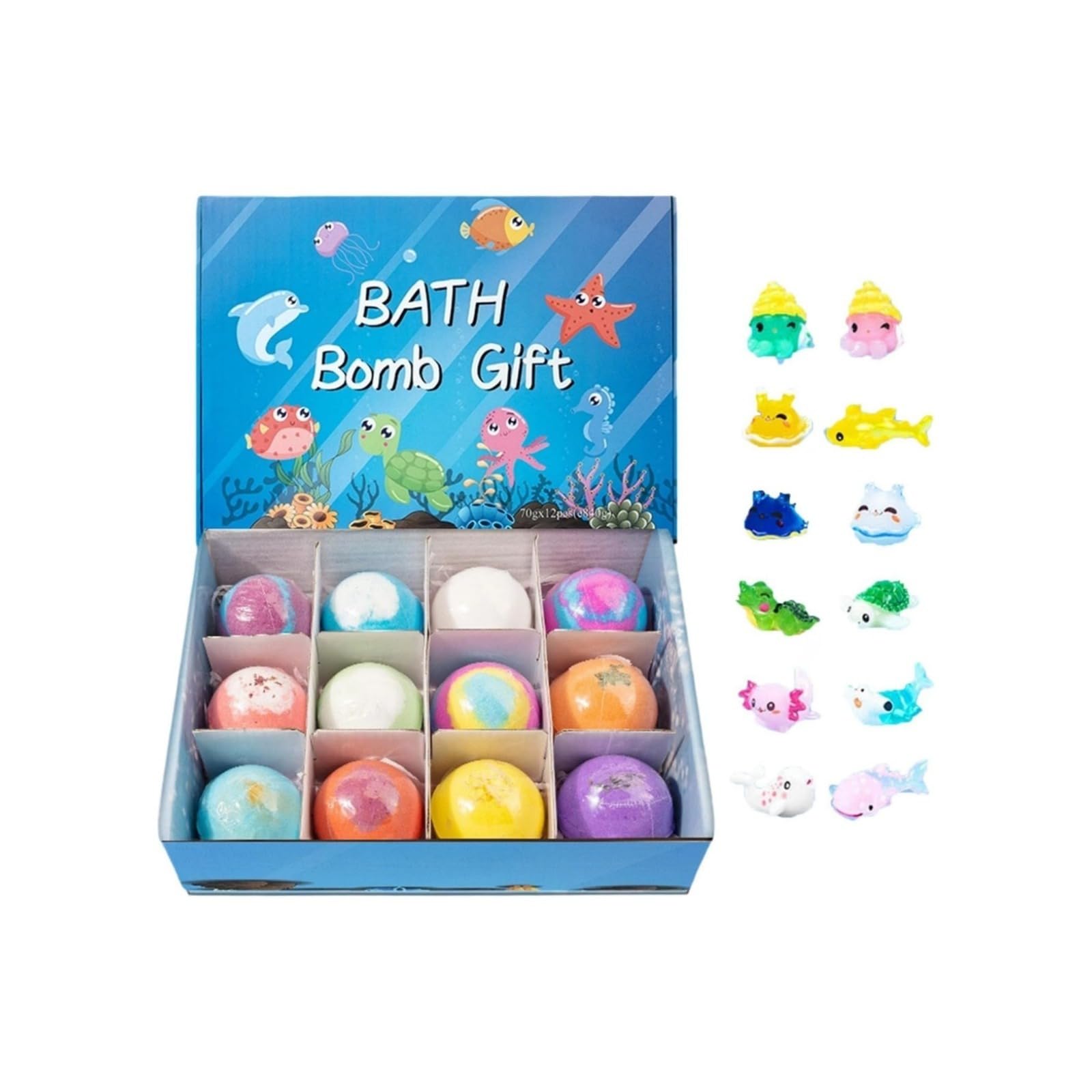 12-teiliges Badekugel-Set für Kinder, mit Überraschung, Geschenkset, Badebomben, Babes mit Überraschung, natürliches biologisches Spielzeug für Land und Meer