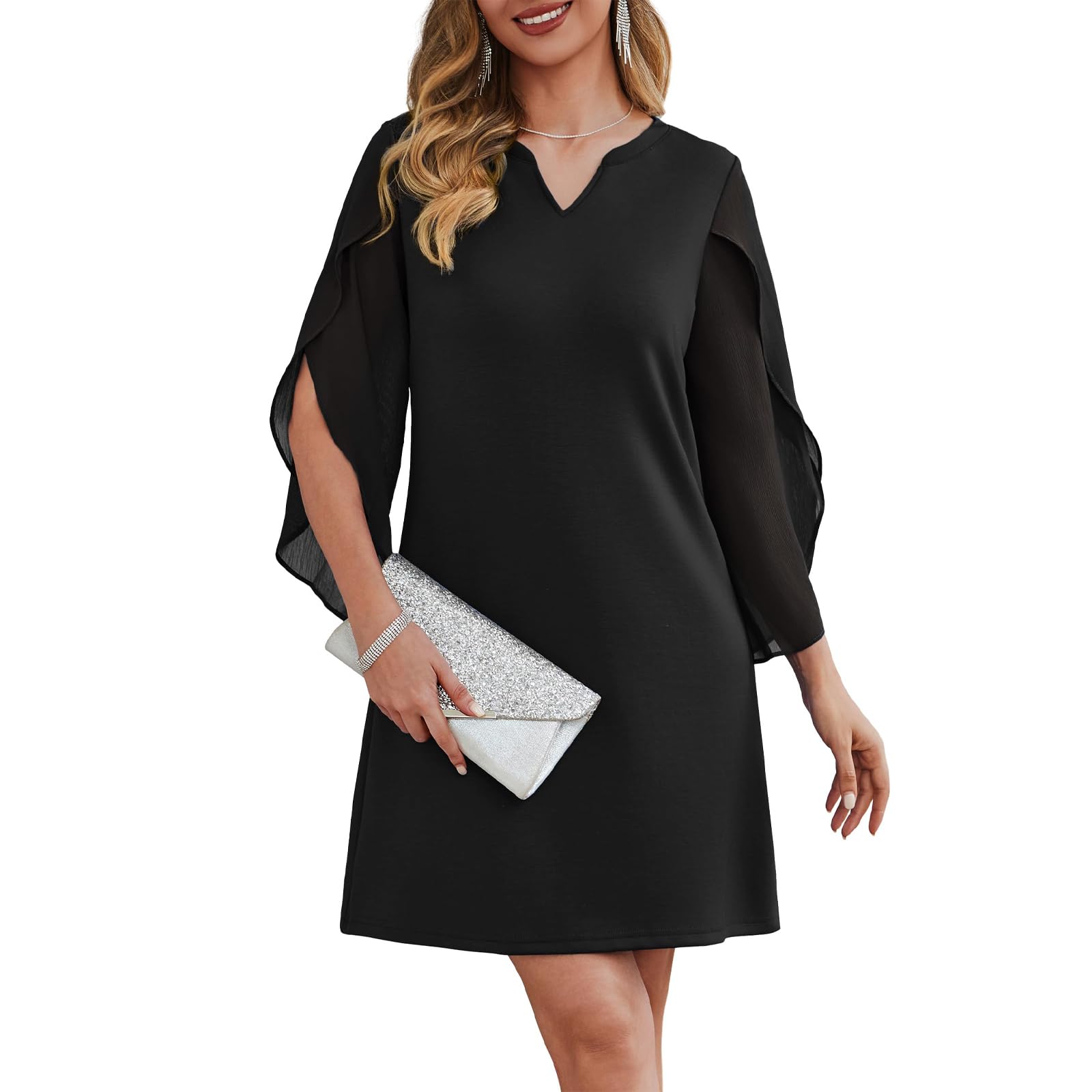 Robe de Cocktail pour Femme Midi Robes en Mousseline Manches 3/4 Robe Courte Chic et Élégante Col en V Robes Unie A-Line Coupe Ample de Mariée pour Fête Soirée Mariage Bal Promo