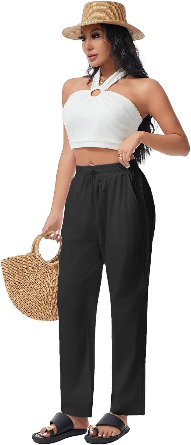 Women Linen Pants Drawstring Elastic Lightweight Capri Pants with Lace Side Summer Beach Casual Pants for Women - Image 8