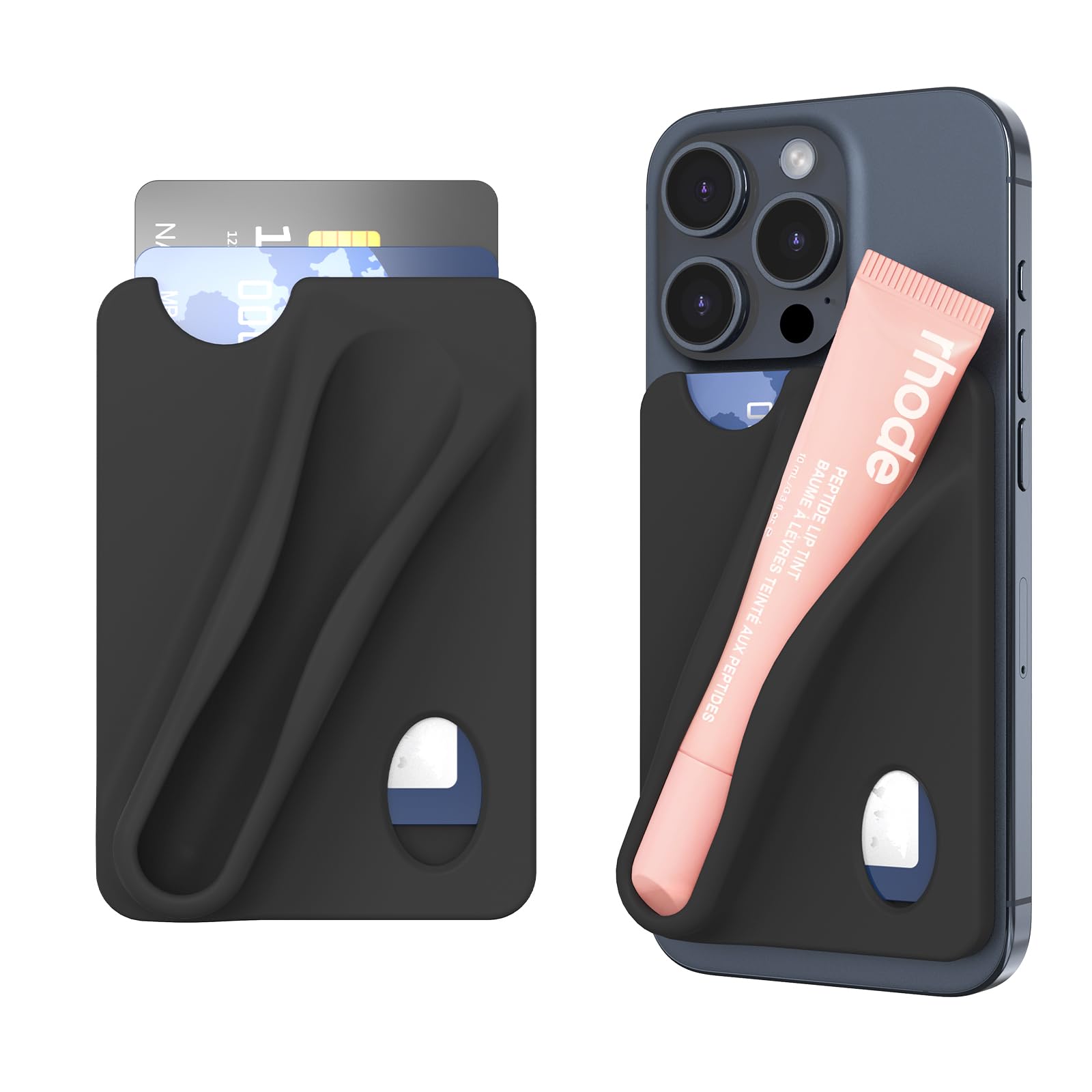 DOB SECHS Silicone Lip Holder with Card Holder Compatible with Summer Fridays, Tower 28, Laneige Lipstick Lip Glaze Phone Case Back Stick On Holder for iPhone and Android Smartphones, Black