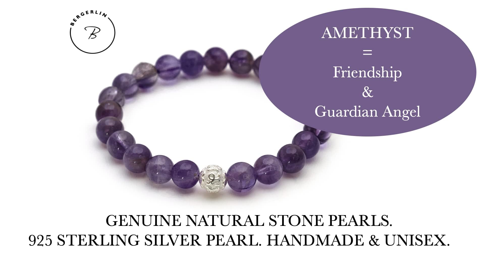 BERGERLIN 925 Naturstein Armband - Naturstein geprüft in Deutschland, mit 925 Sterling Silberperle, Naturstein Perlen und Echtheitszertifikat - für Damen und Herren