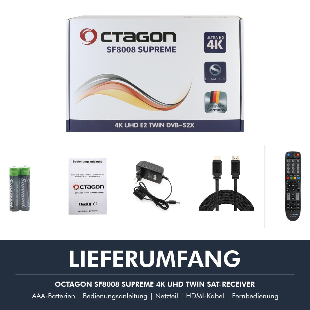 OCTAGON SF8008 UHD 4K Supreme Twin Sat Receiver + NONIC HDMI Kabel, 2X DVB-S2X Tuner, E2 Linux & Define OS, mit PVR Aufnahmefunktion, M.2 M Key, Gigabit LAN, Sat to IP, Kartenleser, WiFi WLAN