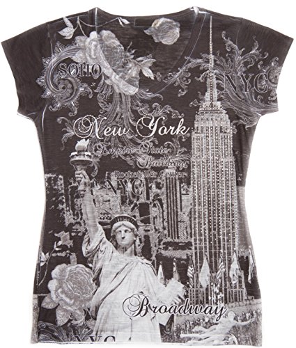 Sweet Gisele NYC T Shirts for Women New York 3D Skyline V Neck Rhinestone Bling