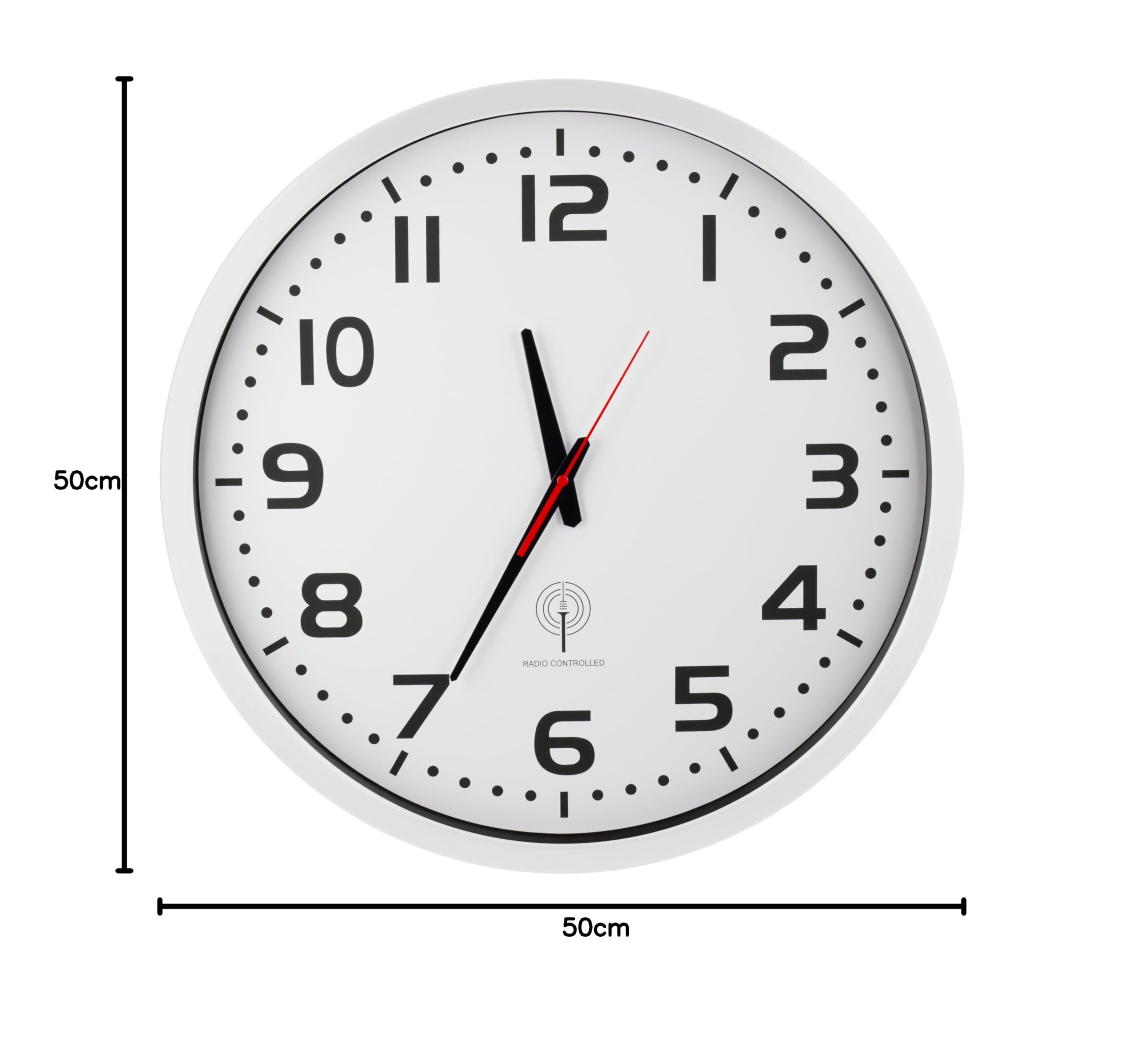 Eurotime 56863-00 radiowy zegar ścienny, 50 cm, biały, aluminium, prawdziwe szkło, przezroczysty cyferblat z 12 cyframi, automatyczna zmiana czasu i czasu, do salonu lub biura, przylegający do ściany,