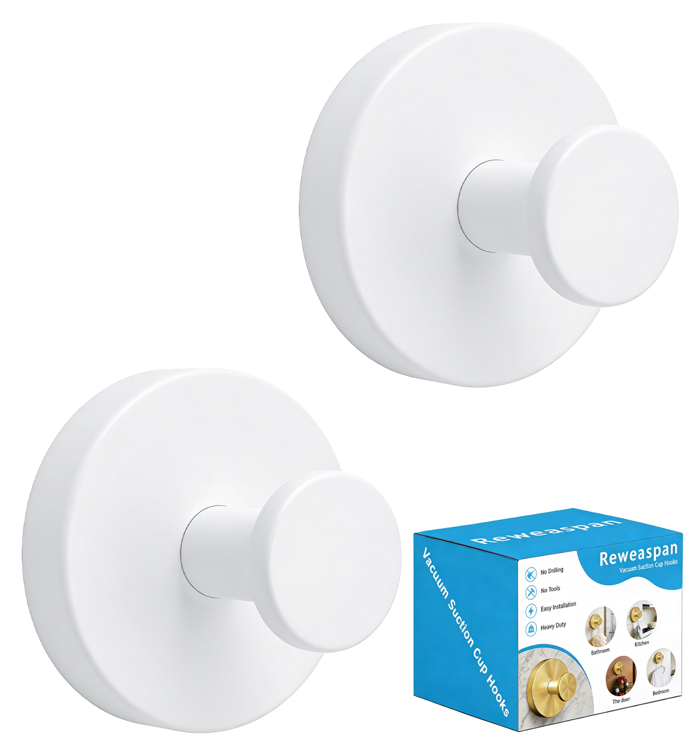 Photo 1 of Reweaspan Suction Cup Hooks for Shower, Heavy Duty Towel Hooks for Walls No Damage, Suitable for Hanging Towels, Robes, Coats, Holds 15 lbs-2pack, White