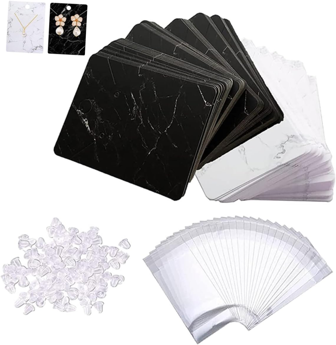 ULDIGI Marble Pattern Jewelry Display Cards Kit with Earring Backs and Transparent Bags for Earrings and Necklaces for Craft Shows and Retail