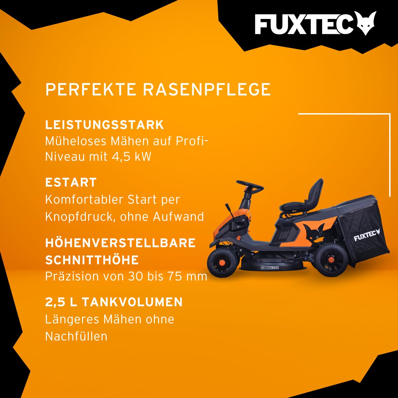 FUXTEC Aufsitzmäher FX-RMR66, Rasentraktor mit eStart, Schnittbreite 66 cm, 6PS, 150 L Fangkorb, Schnitthöhe verstellbar, für große Flächen, inkl. Trichter für Seitenauswurf