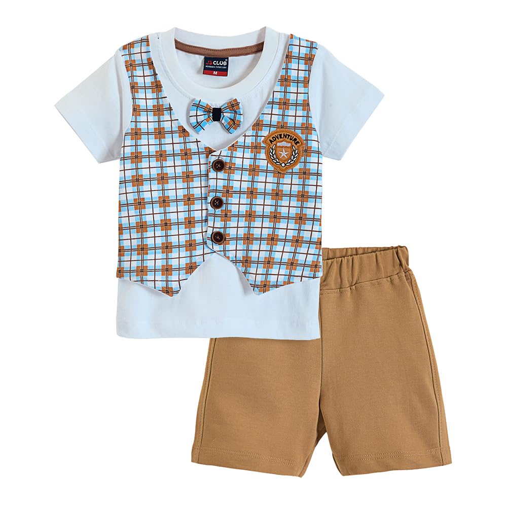 Boys Short Sleeves Brown 2-Pc Bow Accent Checkered T-Shirt & Shorts-image-3